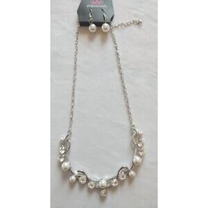 New paparazzi Silvertone rhinestone Faux pearl necklace & earrings set